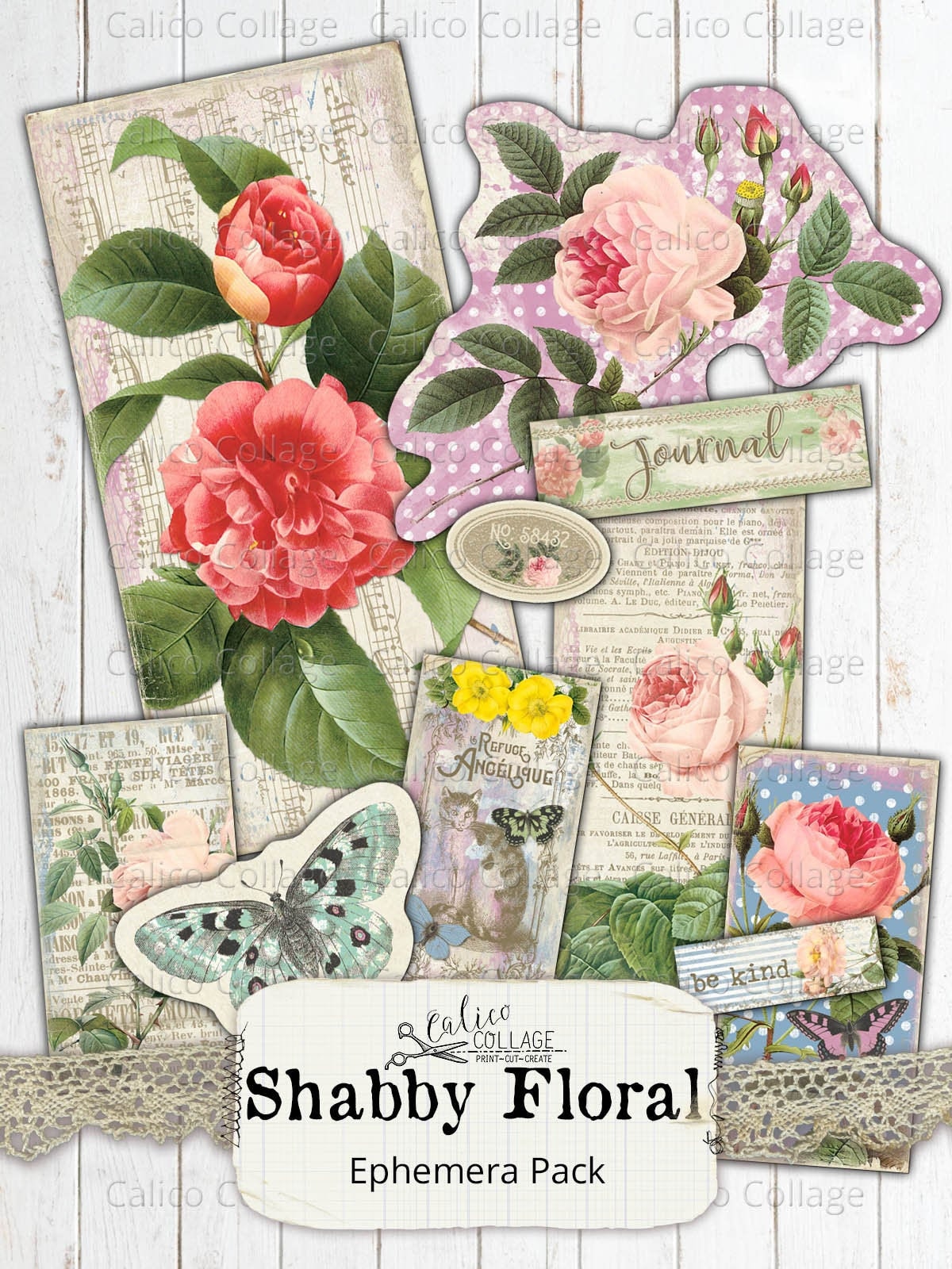 Printable Ephemera Pack Shabby Floral Junk Journal Kit Vintage French ...