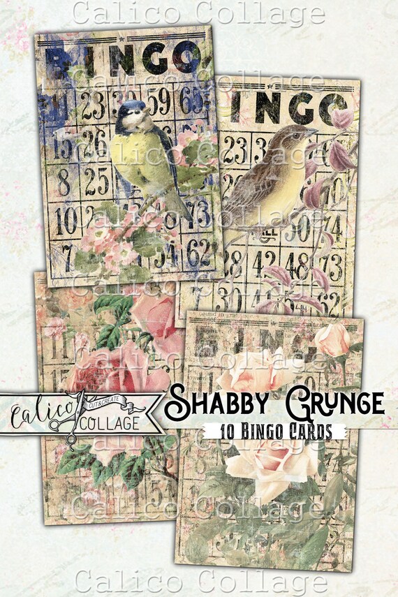 Printable Bingo Cards, Junk Journal Ephemera Pack, Shabby Grunge | 20