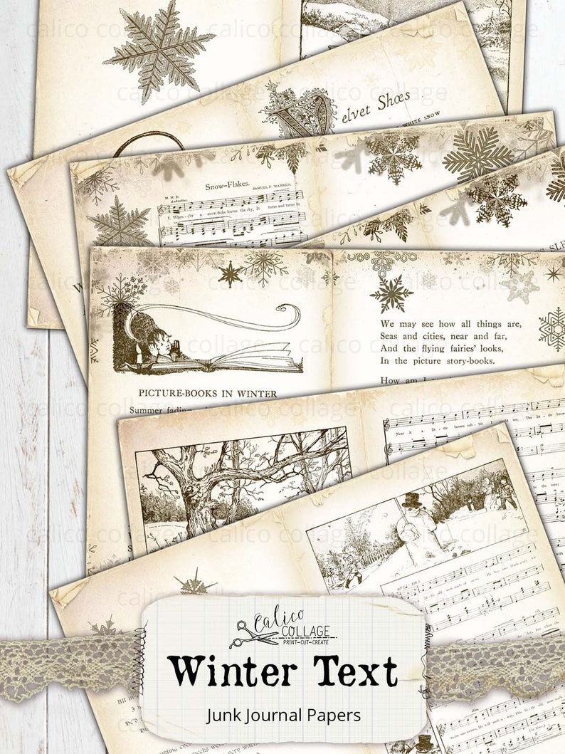 Printable Winter Book Pages, Junk Journal Papers, Journal Supplies, Digital Vintage Books, Sheet Music, Holiday Ephemera, CalicoCollage image 5