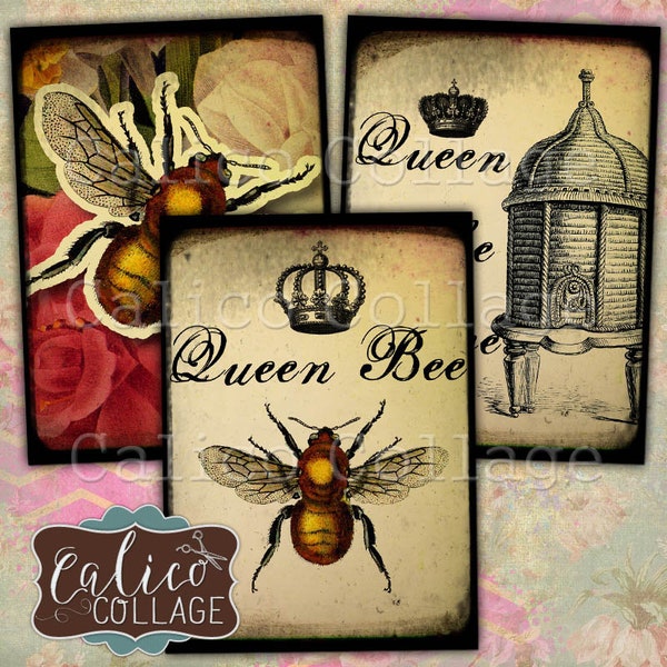 Queen Bee, Printable, Journaling Cards, Bee Ephemera, Vintage Bee Images, Digital, Collage Sheet, Printable Tags, Digital Art, Scrapbooking