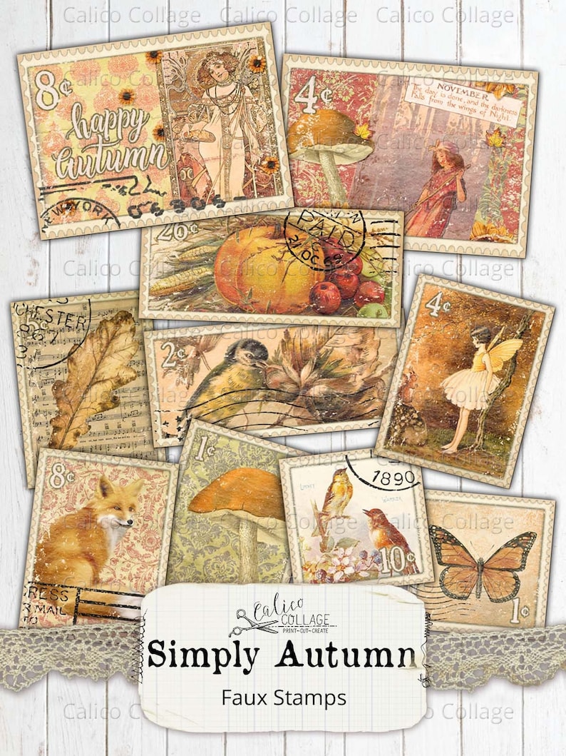Printable Faux Stamps Simply Autumn Ephemera Junk Journal Etsy