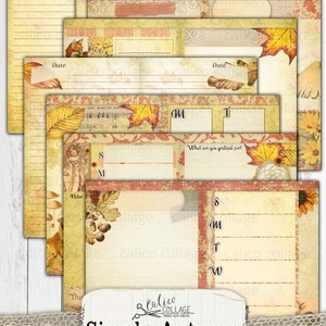 May include: A printable junk journal planner kit with an autumn theme. The kit includes pages with lined paper, blank spaces for notes, and a weekly planner. The pages are decorated with fall leaves, acorns, and other autumnal elements. The kit is titled "Simply Autumn" and is from Calico Collage.