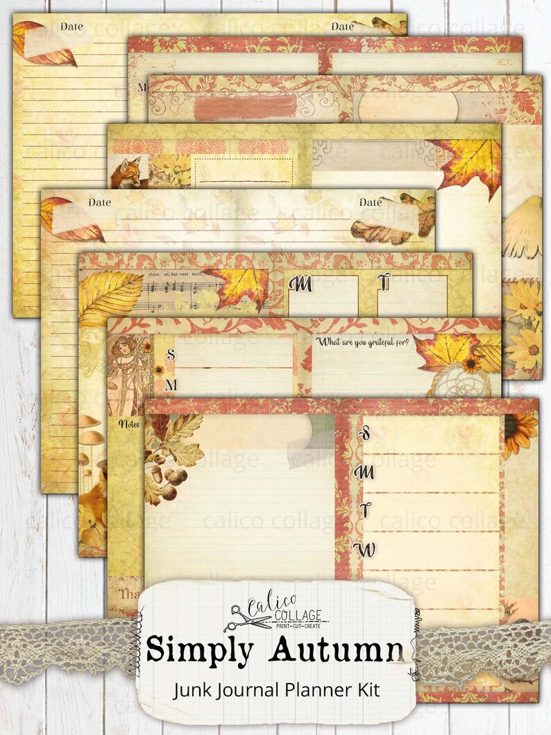 May include: A printable junk journal planner kit with an autumn theme. The kit includes pages with lined paper, blank spaces for notes, and a weekly planner. The pages are decorated with fall leaves, acorns, and other autumnal elements. The kit is titled "Simply Autumn" and is from Calico Collage.