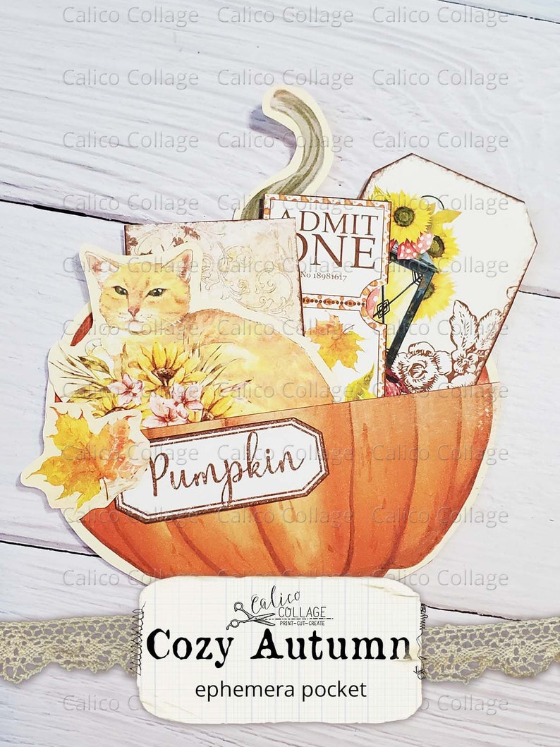 Puede incluir: Una calabaza de papel con un gato, flores y hojas. La calabaza est&aacute; decorada con una etiqueta que dice "Pumpkin". La artesan&iacute;a es parte de un conjunto m&aacute;s grande llamado "Cozy Autumn Ephemera Pocket" de Calico Collage.