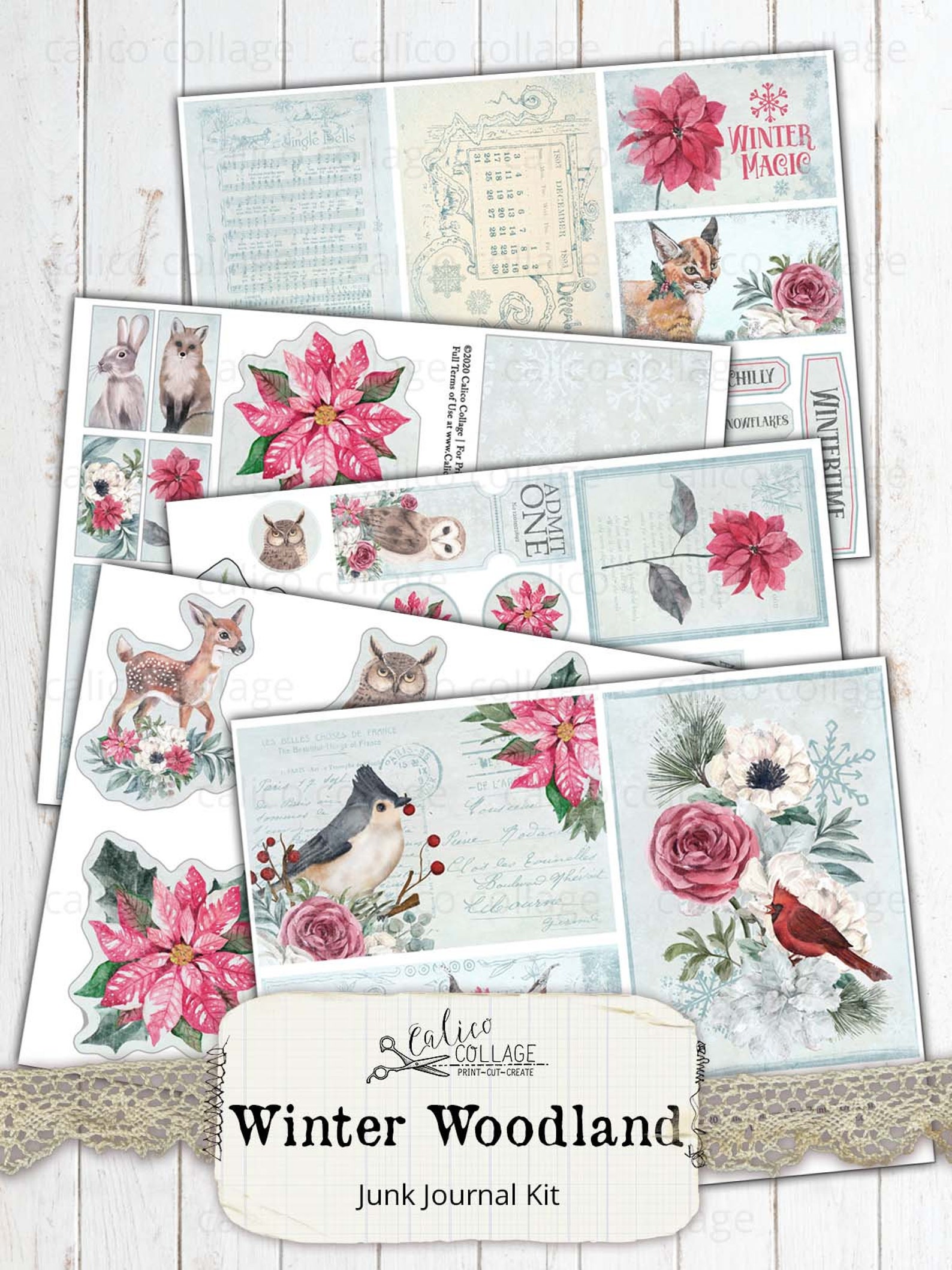Winter Junk Journal Kit Printable Ephemera, Vintage Blue Snowy Winter ...