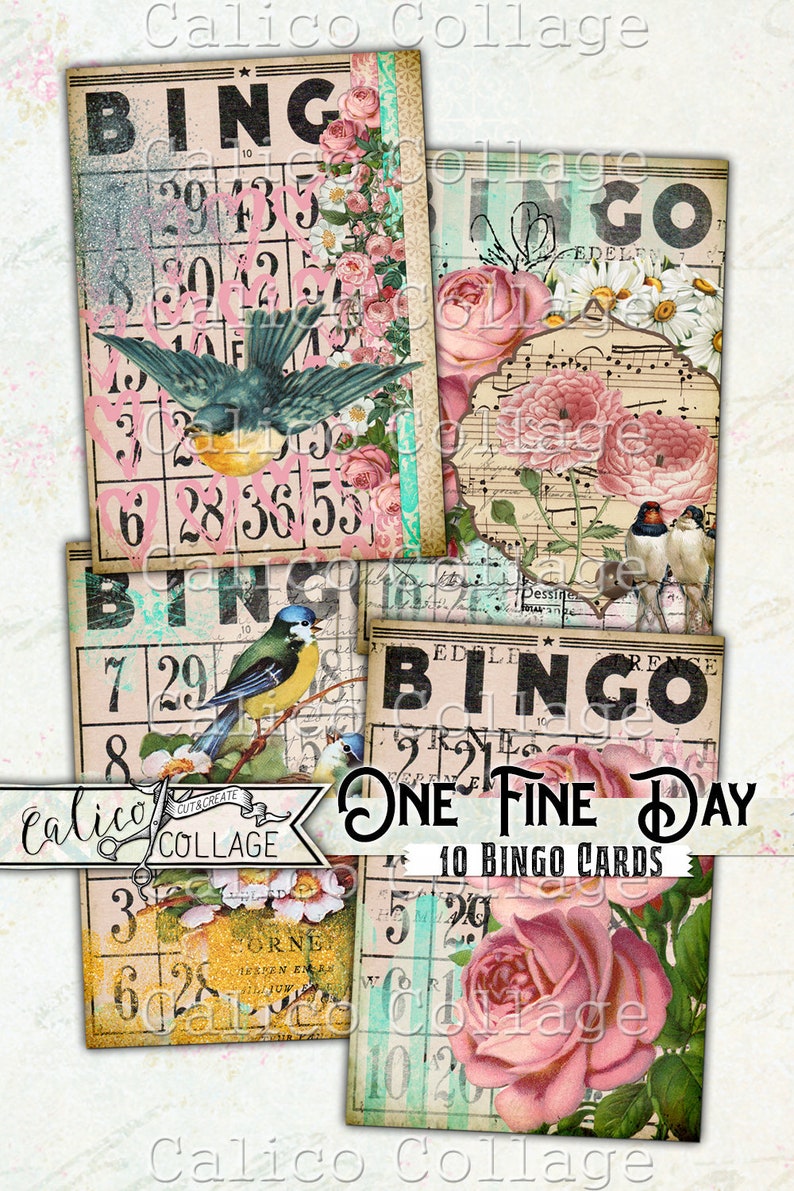 May include: Ten printable bingo cards with a floral theme. The cards feature pink roses, bluebirds, and the text "One Fine Day".