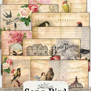May include: A digital printable junk journal kit with a vintage aesthetic. The kit features images of birds, flowers, cages, and musical notes. The text "Song Bird" is featured in a large font with the words "junk journal kit" below. The kit is designed for crafting and scrapbooking.