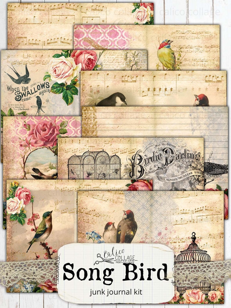 May include: A digital printable junk journal kit with a vintage aesthetic. The kit features images of birds, flowers, cages, and musical notes. The text "Song Bird" is featured in a large font with the words "junk journal kit" below. The kit is designed for crafting and scrapbooking.