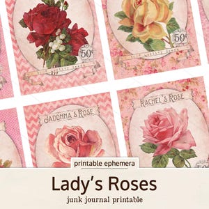 Rose Ephemera Junk Journal para impressão, coisas efêmeras vitorianas, pacote de sementes falsas para impressão, folha de colagem de álbum de recortes para download digital, papel antigo