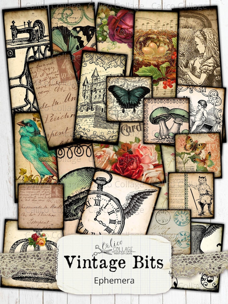 Calico Collage Vintage Bits Printable Digital Collage Sheets Junk Journal Ephemera Pack Vintage Ephemera