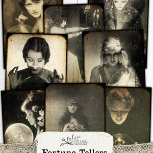 May include: A collection of vintage black and white images featuring women in various poses, some holding crystal balls. The images are arranged on a white background with the text "Fortune Tellers Ephemera" and a lace trim.