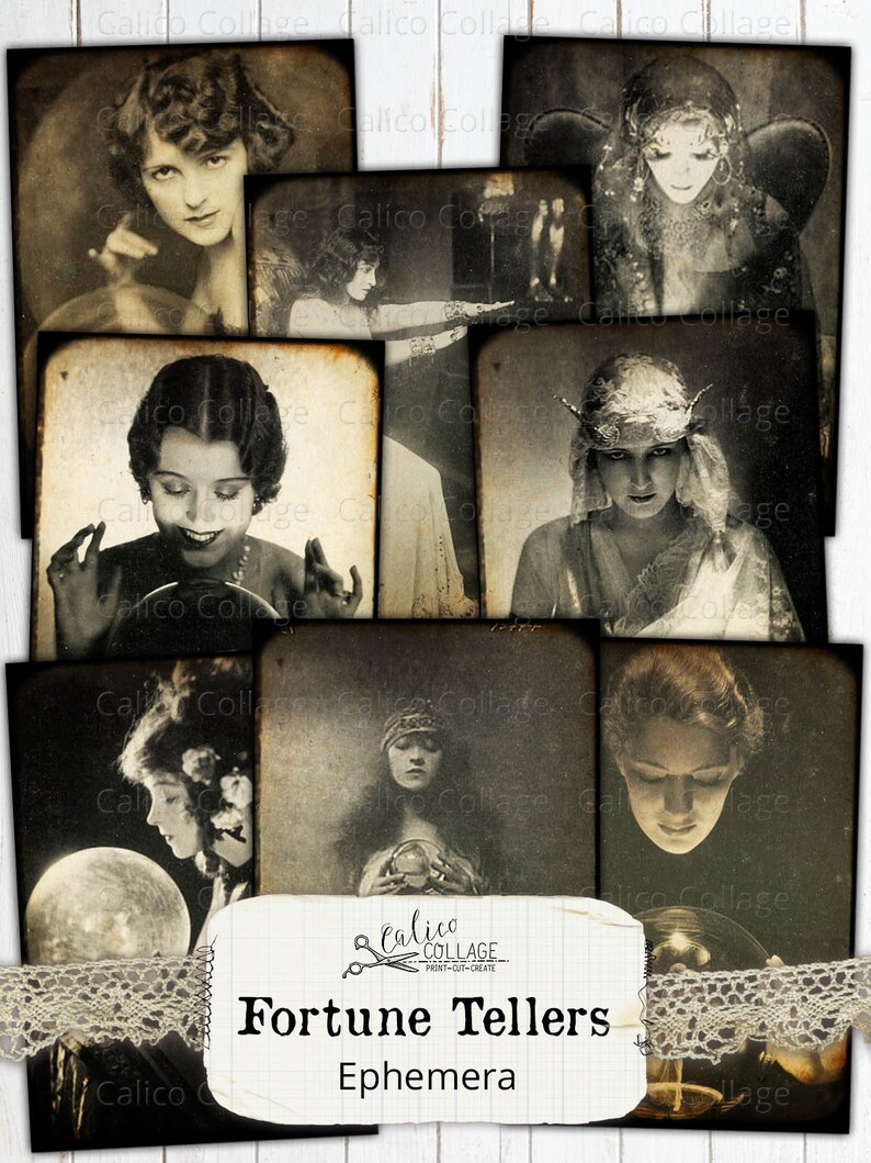 May include: A collection of vintage black and white images featuring women in various poses, some holding crystal balls. The images are arranged on a white background with the text "Fortune Tellers Ephemera" and a lace trim.