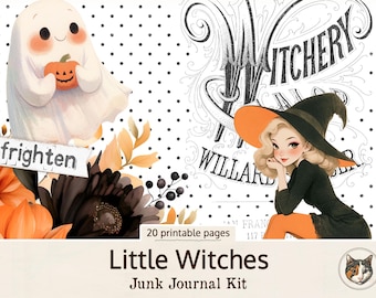 Kit de diario basura de Little Witches, diario basura de Halloween, efímeras de brujas con descarga digital, papeles basura espeluznantes para diario, kit de manualidades de Halloween