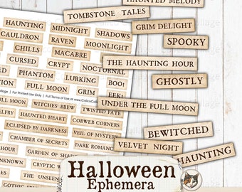 Halloween Ephemera Words Junk Journal Printable, Spooky Ephemera Pack, Fussy Cut Words, Printable Ephemera Digital Download Collage Sheets