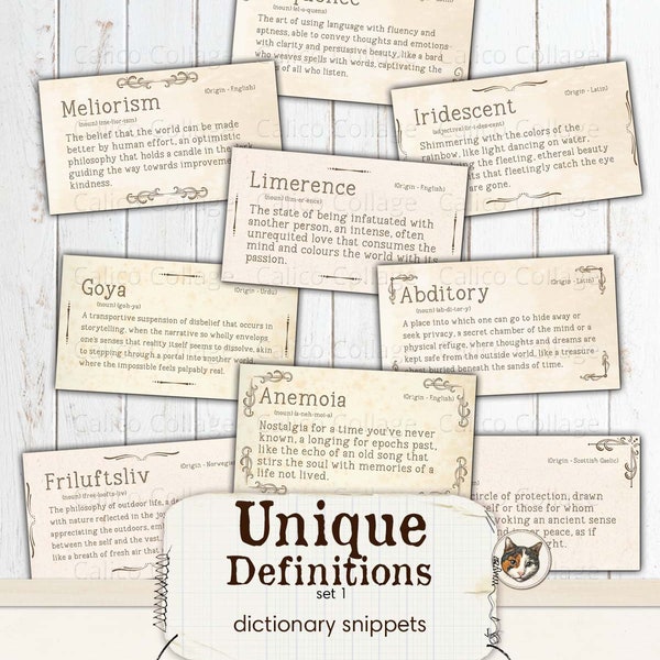 Unique Vintage Definitions Junk Journal Printable, Vintage Dictionary Words, Ephemera Words, Junk Journal Words, Digital Collage Sheet