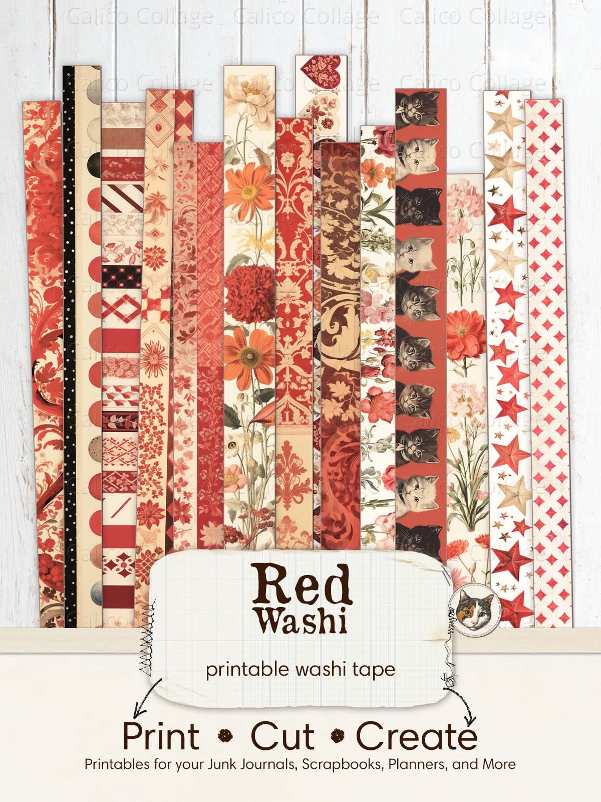 Red Washi Tape, Printable Washi Tape Strips, Junk Journal