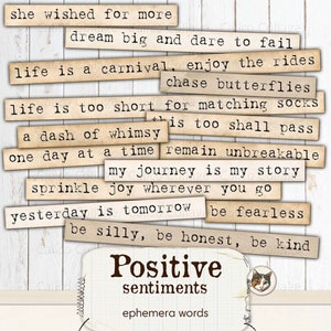 Positive Sentiments für Junk Journals, druckbare Ephemera Wörter, Junk Journal Zubehör, Scrapbook Ephemera druckbare Planer Wörter, Collage