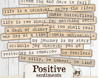 Positive Sentiments For Junk Journals, Printable Ephemera Words, Junk Journal Supplies, Scrapbook Ephemera Printable Planner Words, Collage