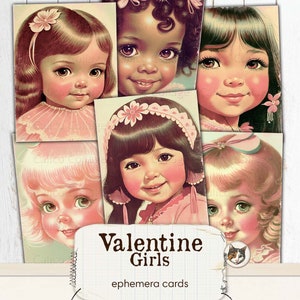 Valentinstag Ephemera für Junk Journals, Junk Journal Printables, Retro 1970s Cute Girls, Vintage Pink Valentine Ephemera, Collage Sheet