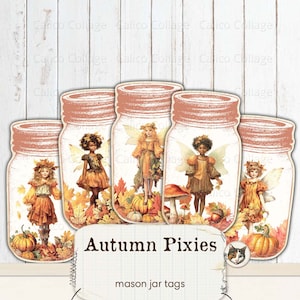 Autumn Pixies Ephemera for Junk Journal Kit, Vintage Autumn Mason Jar Tags, Fall Fairies Vintage Digital Download, Printable Collage Sheet