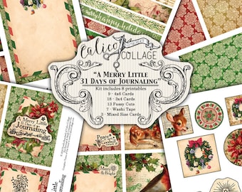 May include: A digital collage kit with a Christmas theme. The kit includes 8 printables, 9 4x6 cards, 18 3x4 cards, 13 fussy cuts, 7 washi tapes, and 3 mixed size cards. The kit is titled "A Merry Little 31 Days of Journaling".