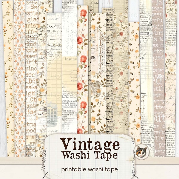 Vintage Washi Tape, druckbare Washi Tape Streifen, Junk Journal druckbares antikes Papier, druckbare Ephemera digitaler Download Collage Sheets