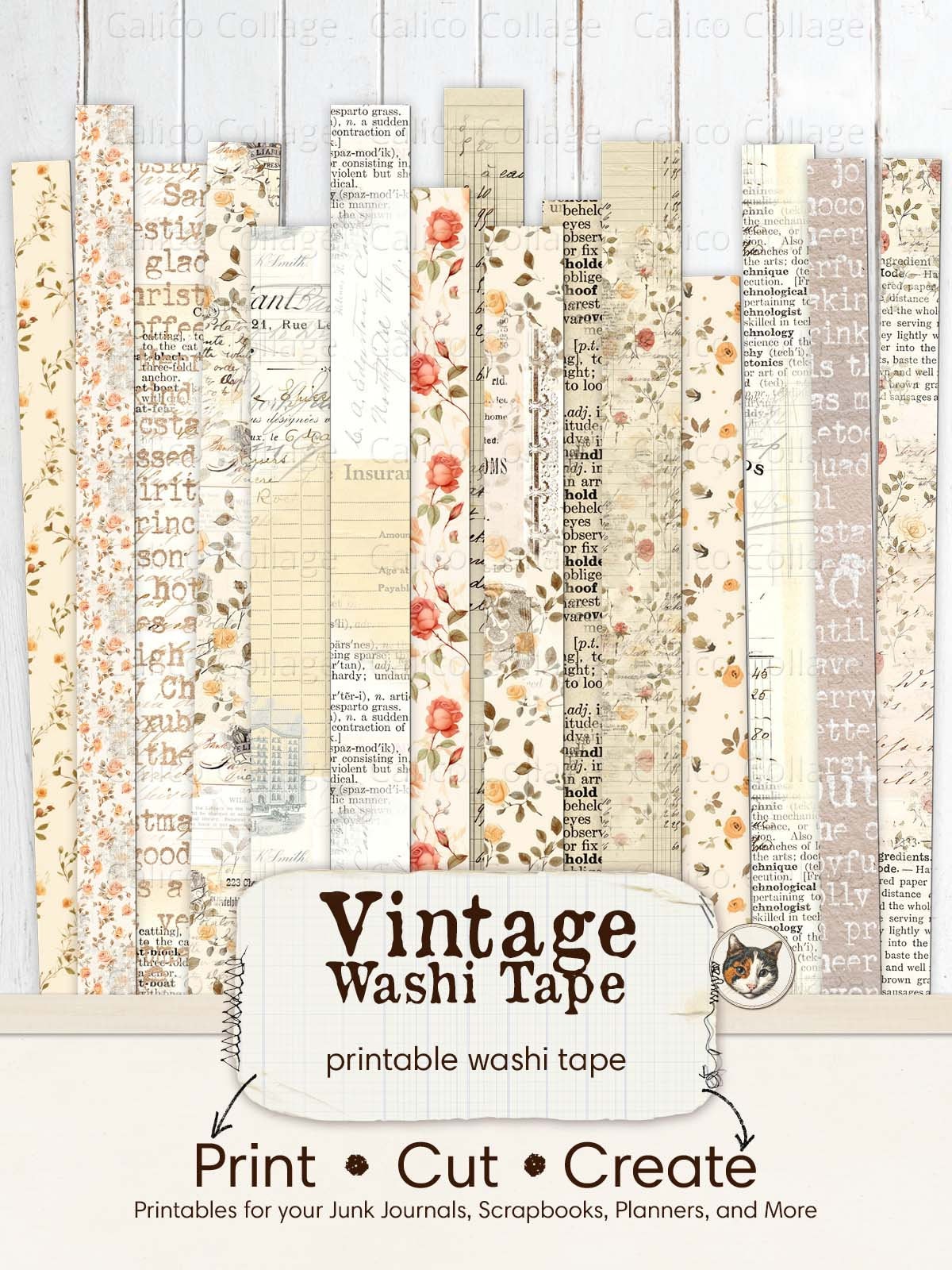 Set of 10 digital washi tapes, vintage ephemera, digital printable, junk  journal, paper washi