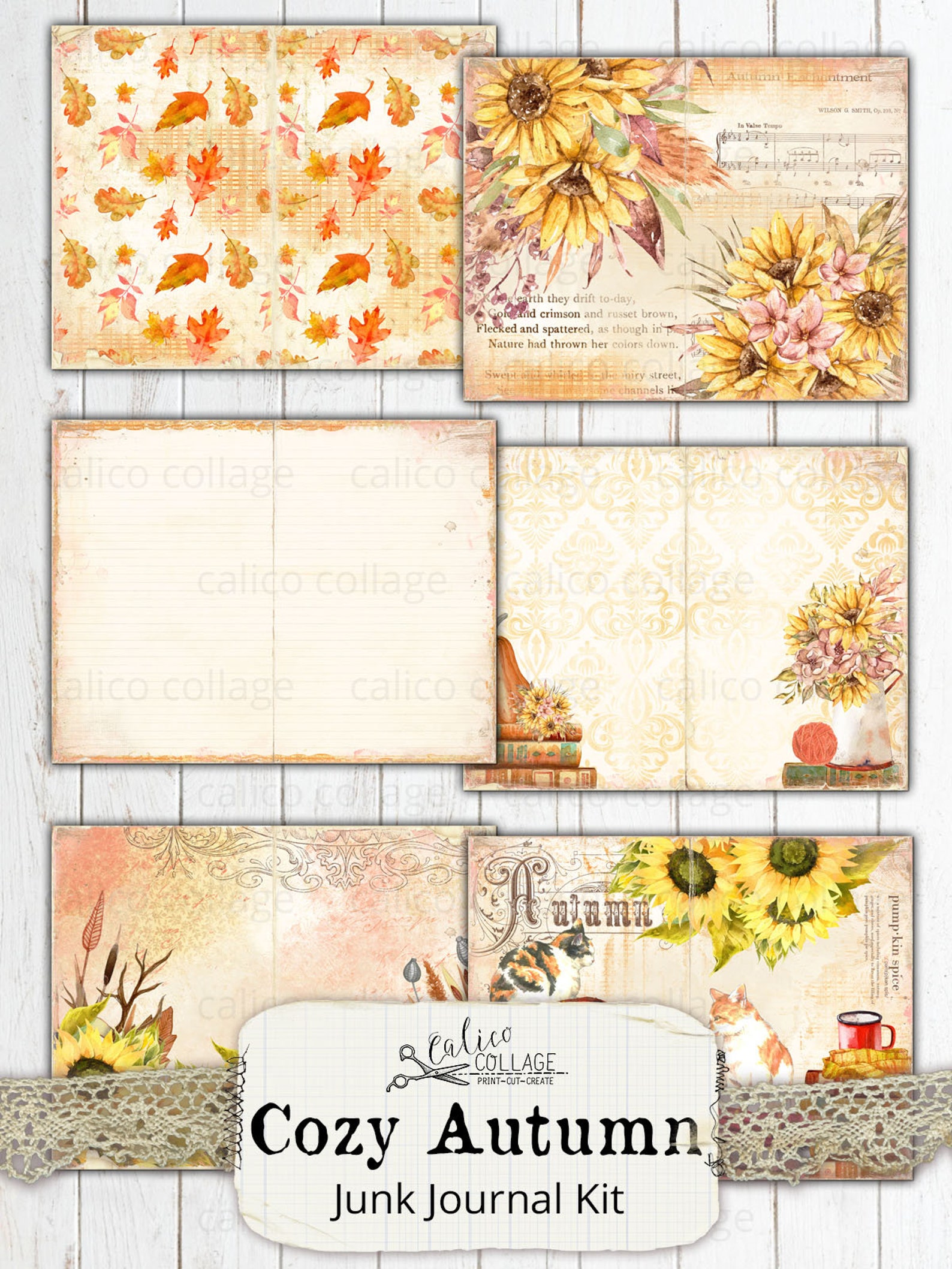 Printable Autumn Cat Junk Journal Kit, Fall Ephemera Pack, Shabby Chic ...