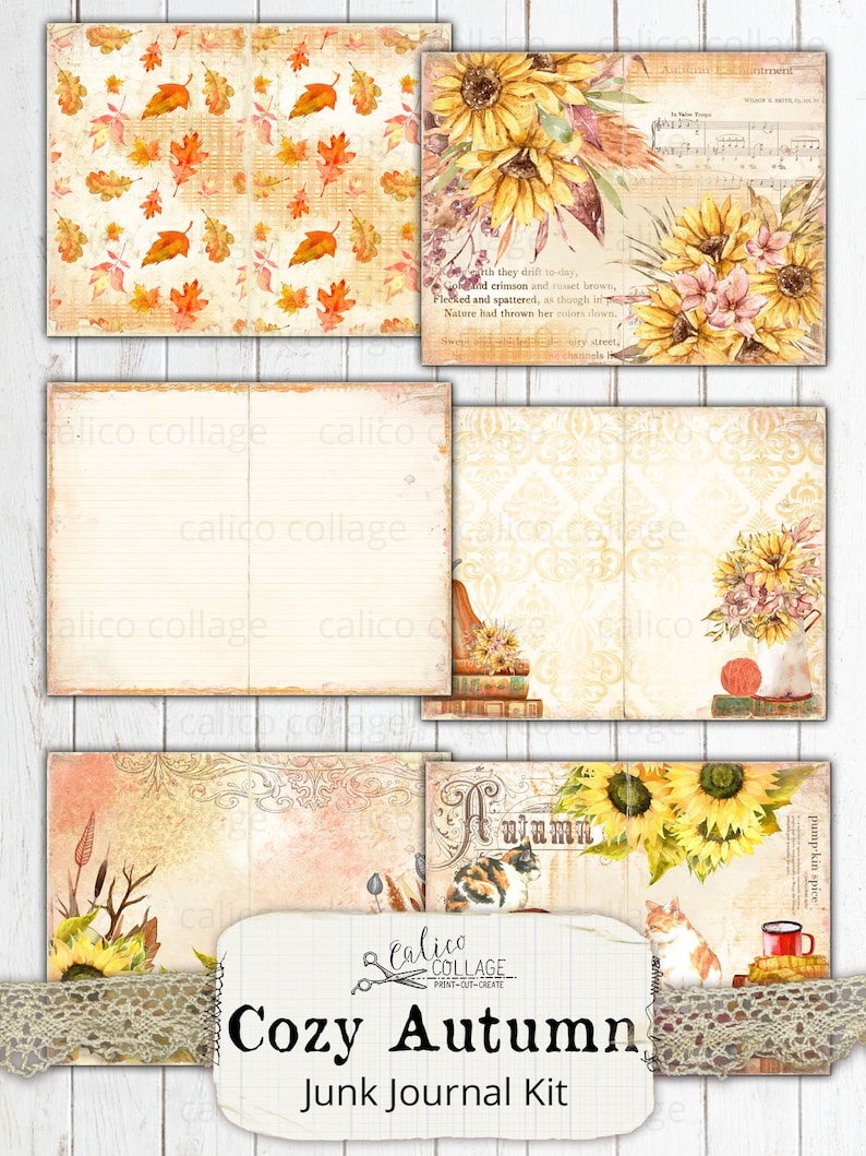 Printable Autumn Cat Junk Journal Kit, Fall Ephemera Pack, Shabby Chic ...