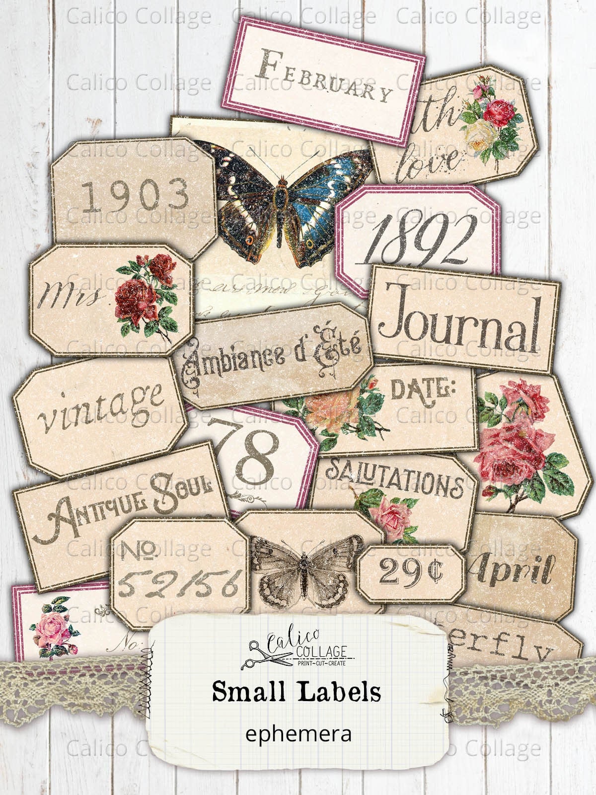 Printable Small Label Vintage Ephemera Digital Junk Journal Scrapbooking Journal Supplies - SL01