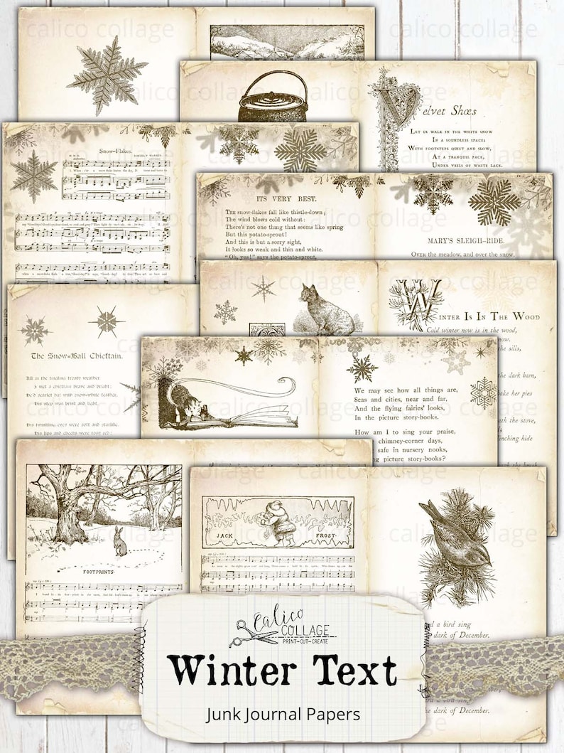 Printable Winter Book Pages, Junk Journal Papers, Journal Supplies, Digital Vintage Books, Sheet Music, Holiday Ephemera, CalicoCollage image 6