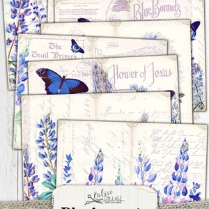 May include: A set of 10 digital printable papers featuring bluebonnets, butterflies, and vintage text. The papers are perfect for scrapbooking, card making, and other paper crafts.