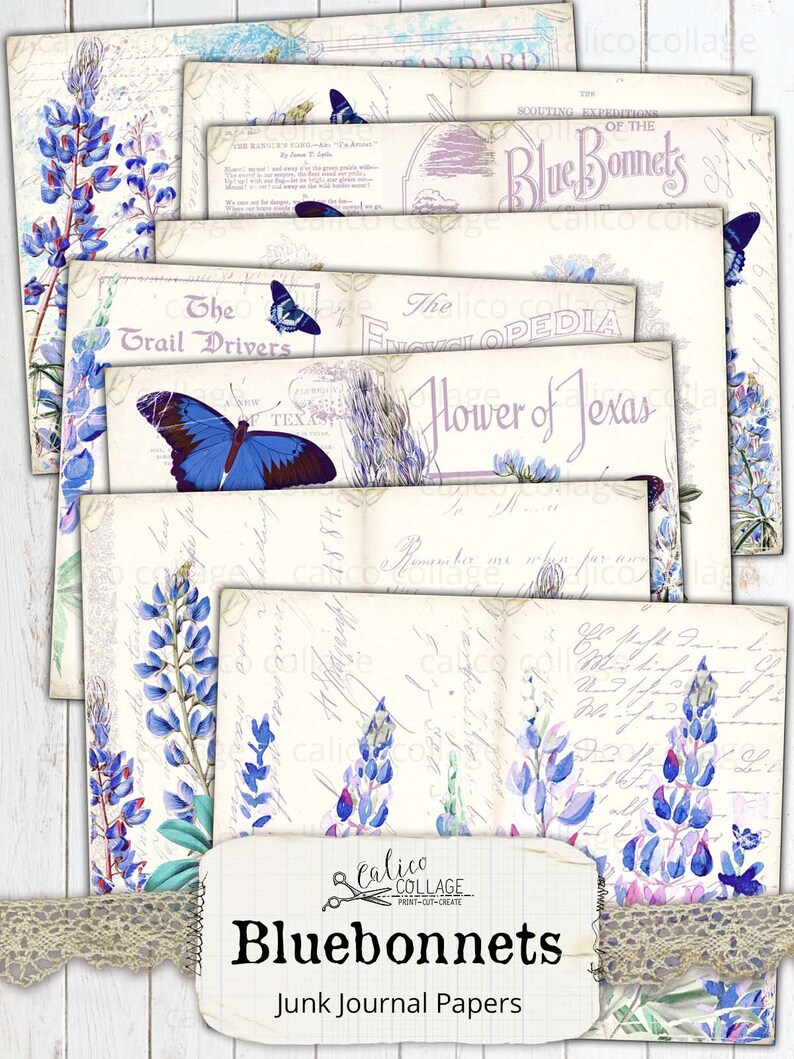 May include: A set of 10 digital printable papers featuring bluebonnets, butterflies, and vintage text. The papers are perfect for scrapbooking, card making, and other paper crafts.