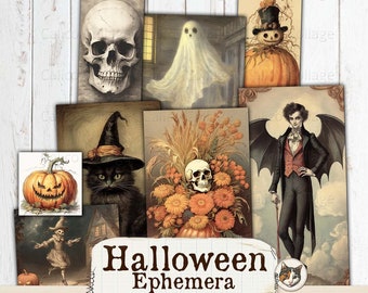 Halloween Ephemera Junk Journal Printable, Spooky Ephemera Pack, Vintage Ephemera Cards, Printable Ephemera Digital Download Collage Sheets