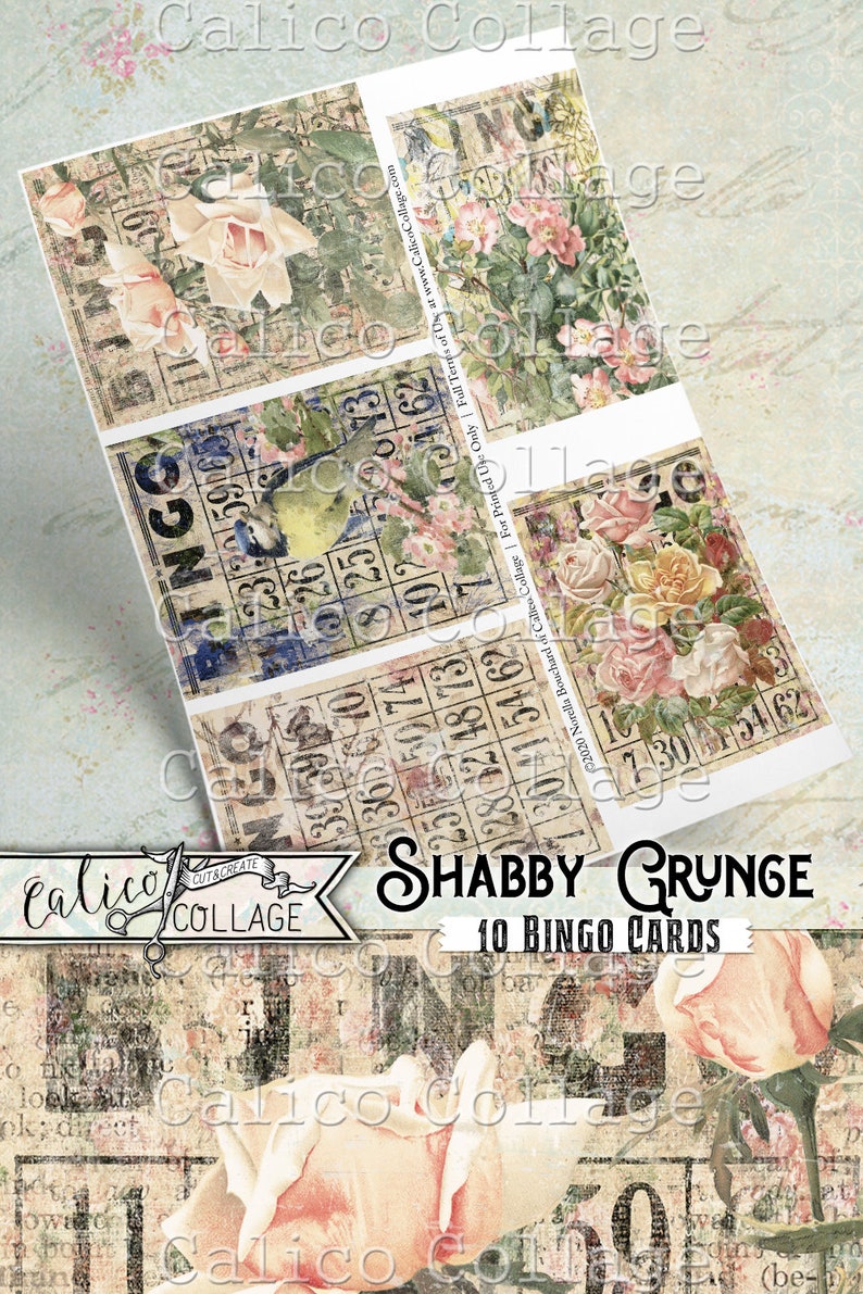 May include: Ten printable bingo cards with a shabby chic aesthetic. The cards feature a floral design with roses and a bird, and the numbers are printed in a distressed font. The cards are perfect for a vintage-themed party or game night.