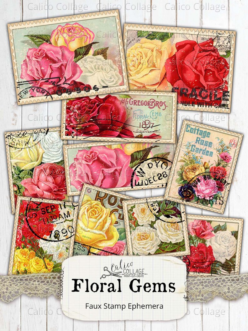 Printable Faux Stamps Rose Ephemera, Junk Journal Supplies, Vintage Seed Catalogs, Scrapbook Paper, Small Epehemera, Digital Download 55 画像 1