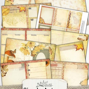 May include: A printable junk journal planner kit with an autumn theme. The kit includes pages with a variety of designs, including leaves, butterflies, mushrooms, and sunflowers. The kit also includes a calendar page and a page for writing notes. The text "Simply Autumn" is printed on the front of the kit.