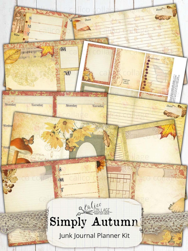 May include: A printable junk journal planner kit with an autumn theme. The kit includes pages with a variety of designs, including leaves, butterflies, mushrooms, and sunflowers. The kit also includes a calendar page and a page for writing notes. The text "Simply Autumn" is printed on the front of the kit.