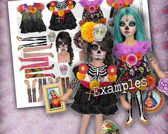 Sugar Skull Dolls, Printable Art Dolls, Paper Doll, Digital Collage Sheet, Decoupage Paper, Art Journaling, Junk Journals, Printable Sheet