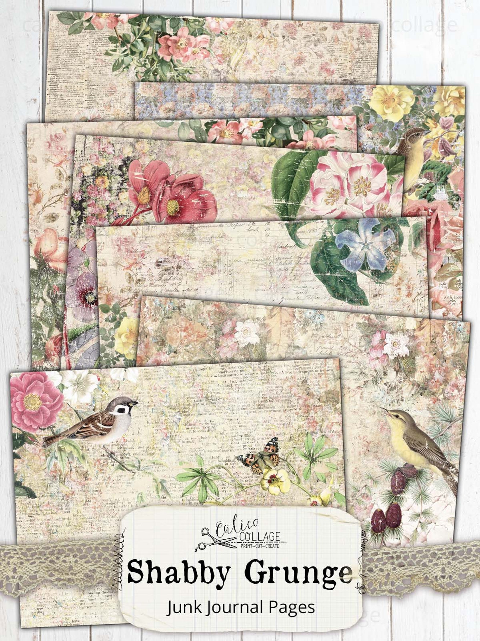 Grunge Collage Sheets, Botanical Junk Journal Kit Pages, Ephemera Paper ...