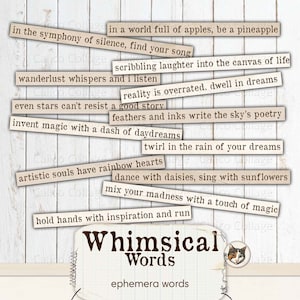 Whimsical Ephemera Words for Junk Journals, Unique Words Junk Journal Words, Scrapbook Ephemera Printable Planner Words, Collage Sheet