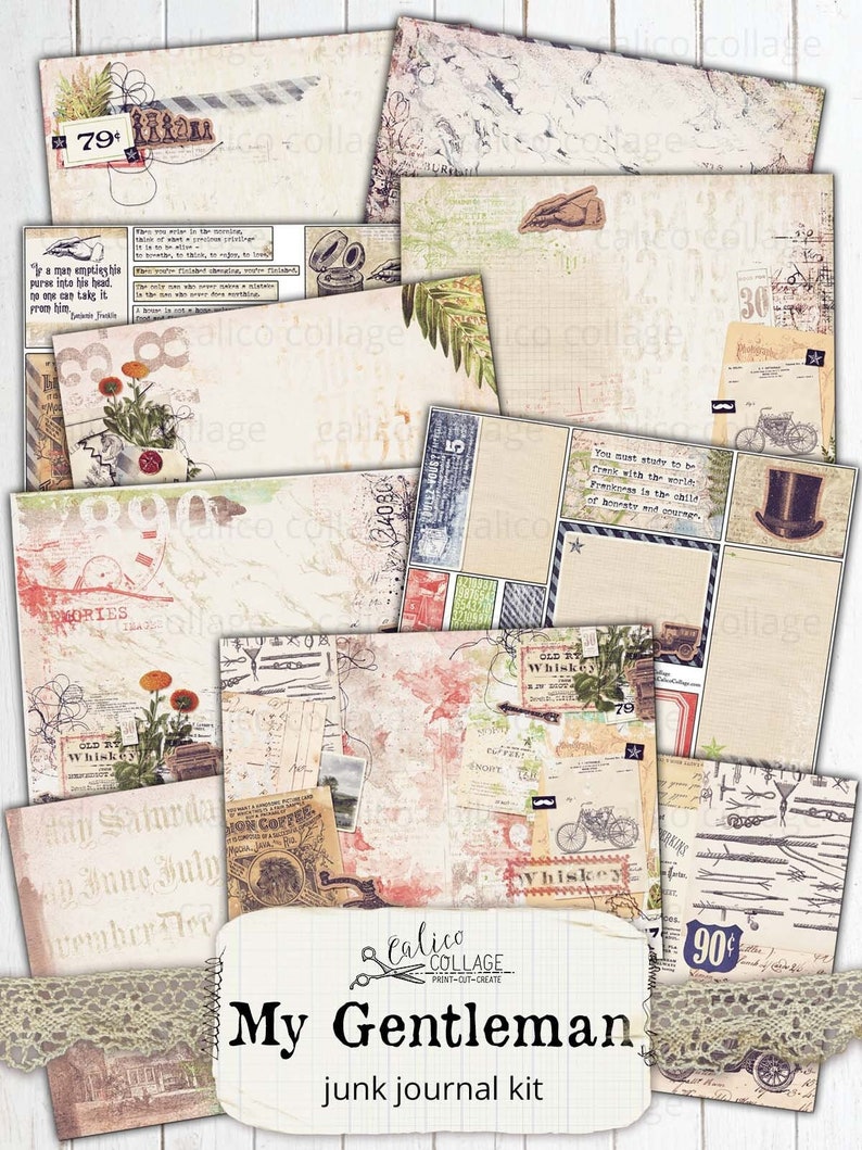 May include: A digital junk journal kit with a vintage aesthetic. The kit includes various papers, ephemera, and images with a gentlemanly theme. The title "My Gentleman" is featured prominently in the center of the image.