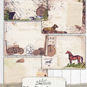 May include: A digital junk journal kit with a vintage aesthetic. The kit includes images of a bicycle, a horse, a dog, a tent, and a clock. The kit also includes text that says "My Gentleman" and "junk journal kit".