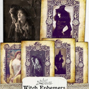 May include: A set of six vintage-style printable witch ephemera images. The images feature women in witchy attire, some with cats, and ornate frames with pentagrams. The images are perfect for crafting, scrapbooking, or adding a touch of witchy charm to your projects.