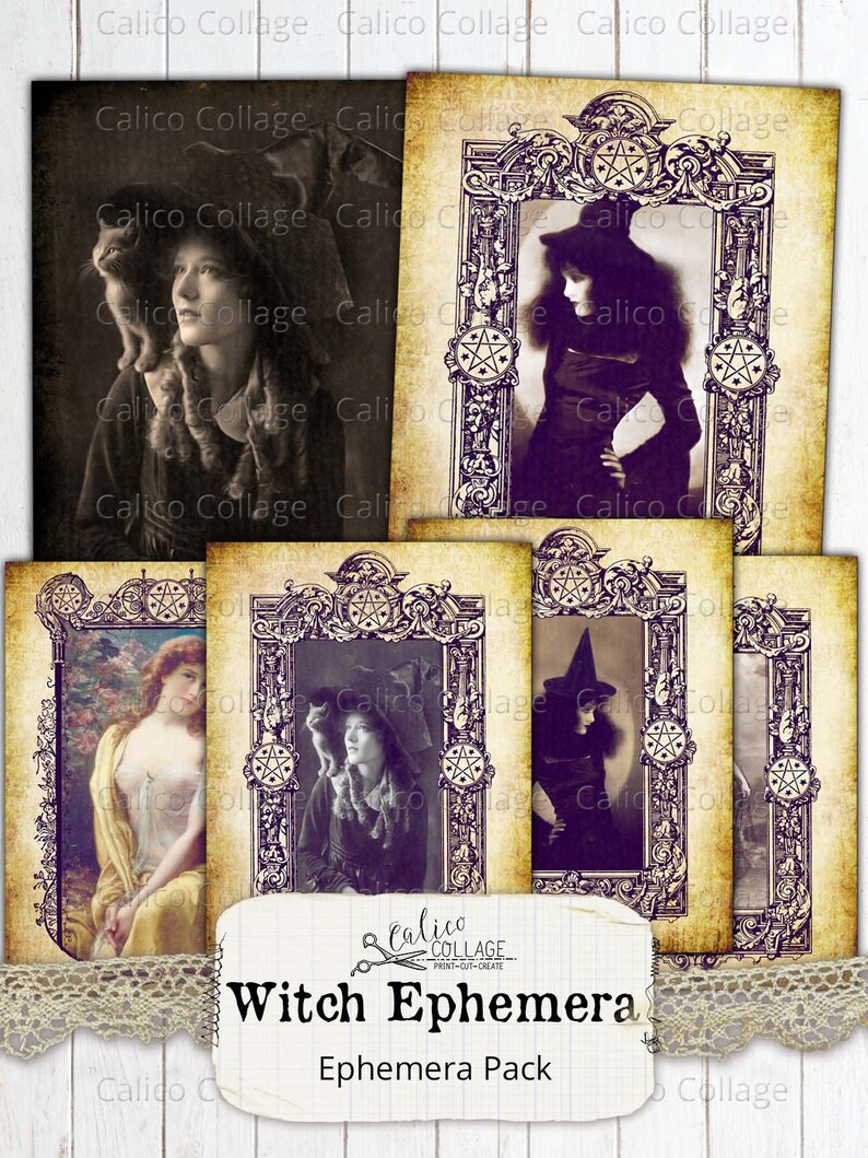 May include: A set of six vintage-style printable witch ephemera images. The images feature women in witchy attire, some with cats, and ornate frames with pentagrams. The images are perfect for crafting, scrapbooking, or adding a touch of witchy charm to your projects.