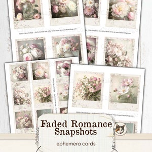 K&ouml;nnte beinhalten: Ein Satz druckbarer Ephemera-Karten mit Vintage-Bildern von rosa und wei&szlig;en Blumen in einem verblassten, romantischen Stil. Die Karten sind mit "Faded Romance Snapshots" beschriftet und f&uuml;r die Verwendung in Junk Journals, Scrapbooks, Planern und mehr gedacht.