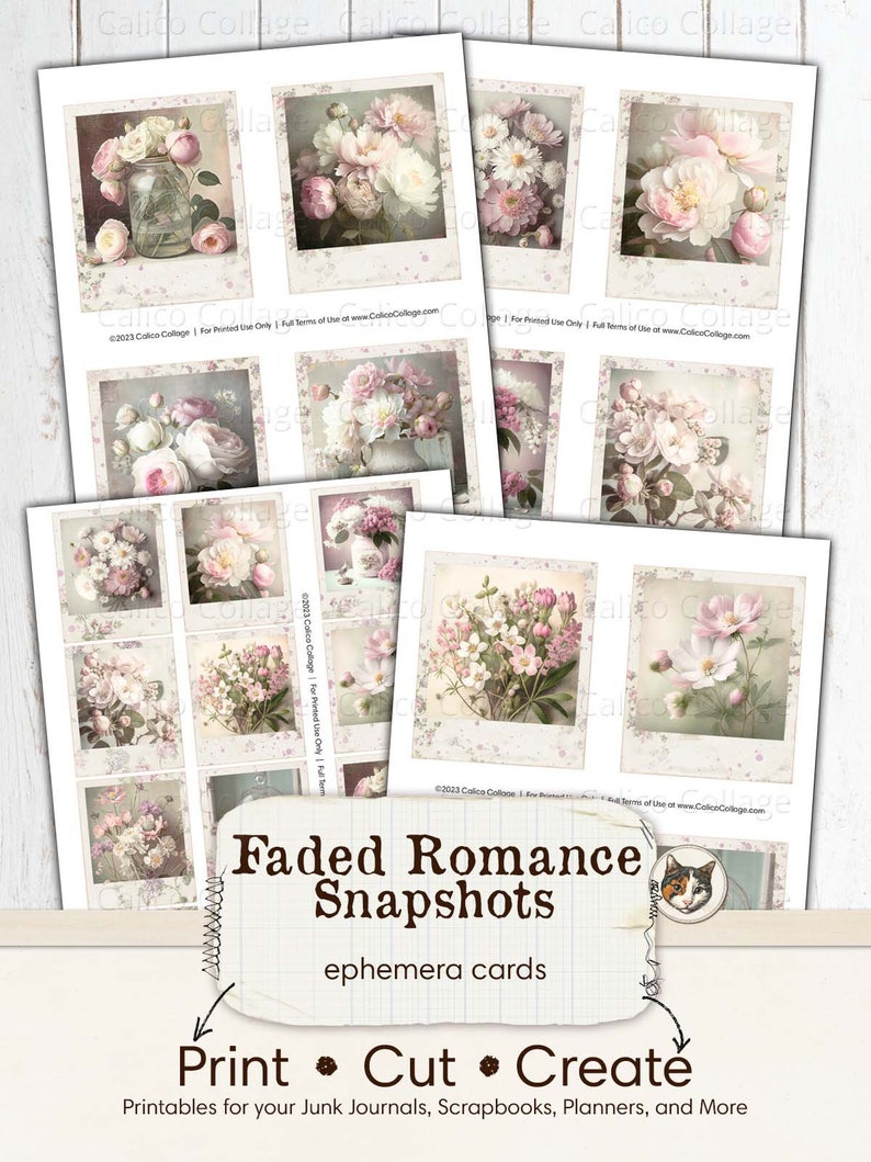 K&ouml;nnte beinhalten: Ein Satz druckbarer Ephemera-Karten mit Vintage-Bildern von rosa und wei&szlig;en Blumen in einem verblassten, romantischen Stil. Die Karten sind mit "Faded Romance Snapshots" beschriftet und f&uuml;r die Verwendung in Junk Journals, Scrapbooks, Planern und mehr gedacht.