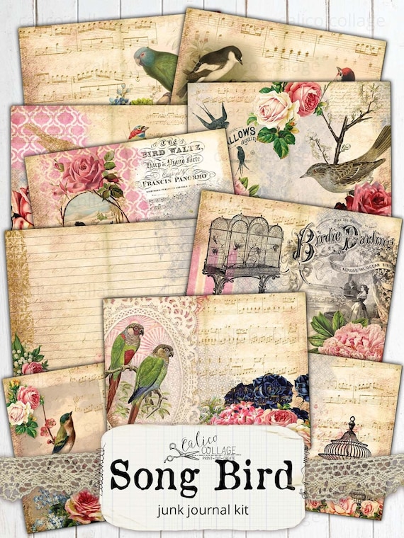 Bird Junk Journal Kit, Printable Ephemera Pack, Song Bird Ephemera, Vintage Bird Journal Supplies, Floral Digital Paper Prints