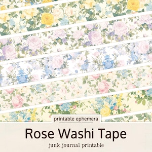 Nastro Washi Rose, Strisce di nastro Washi stampabili, Carta antica stampabile Junk Journal, Fogli di collage digitali effimeri stampabili