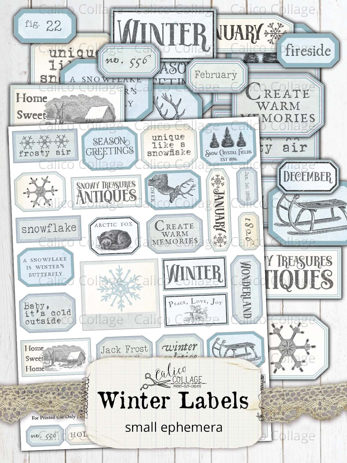 Small Winter Ephemera Labels, Printable Vintage Tags, Junk Journal ...
